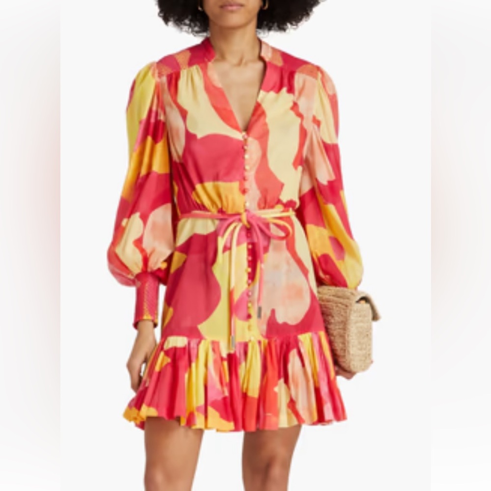 Rebecca Vallance Toretta Smocked Kaftan Ruffle-trim dress XS
